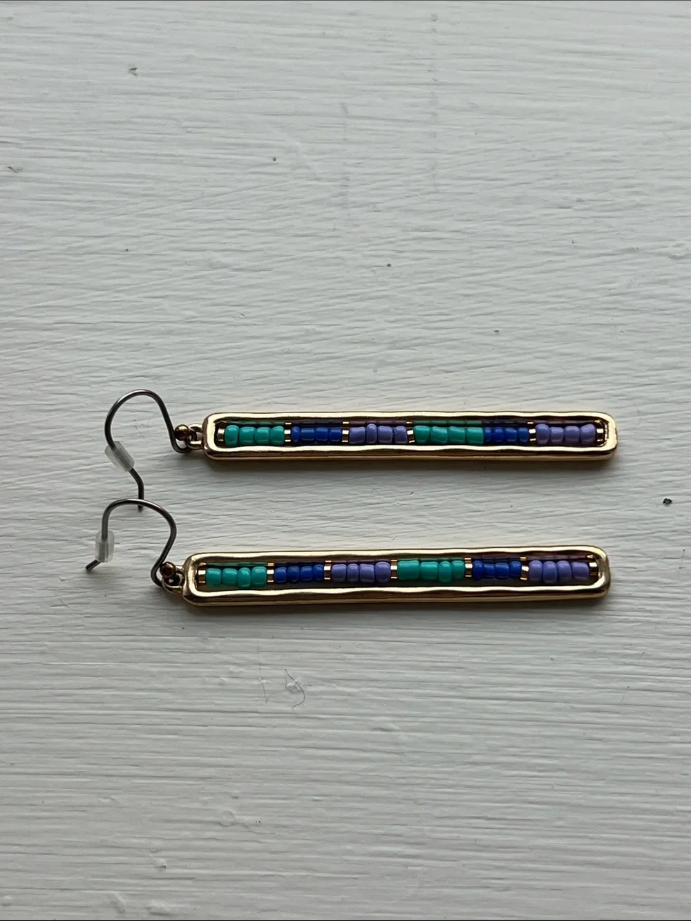 Gold-Tone Bar Drop Earrings with Blue and Teal Beads